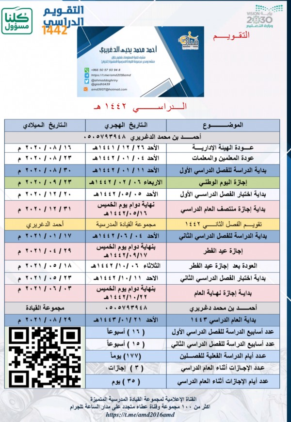 التقويم الدراسي ١٤٤٣ بالاسابيع