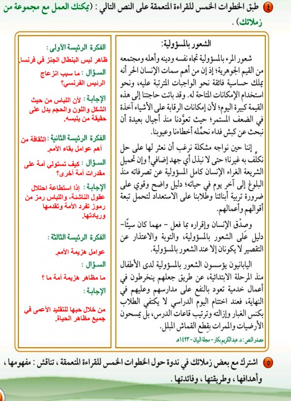 قم بتطبيق الخطوات الخمس للقراءة المتعمقة على النص التالي.  يمكنك العمل مع مجموعة من زملائك.  يأتي الشعور بالمسؤولية في المقام الأول